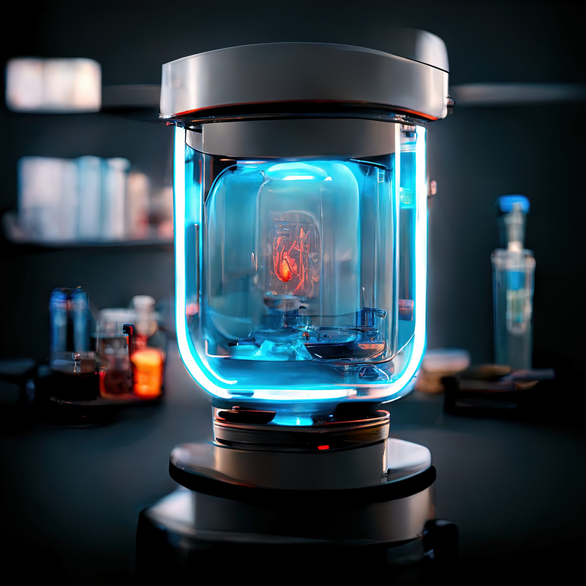 Abstract scientific medical interior blurred background. Blue light. Medical research concept. Ai render.