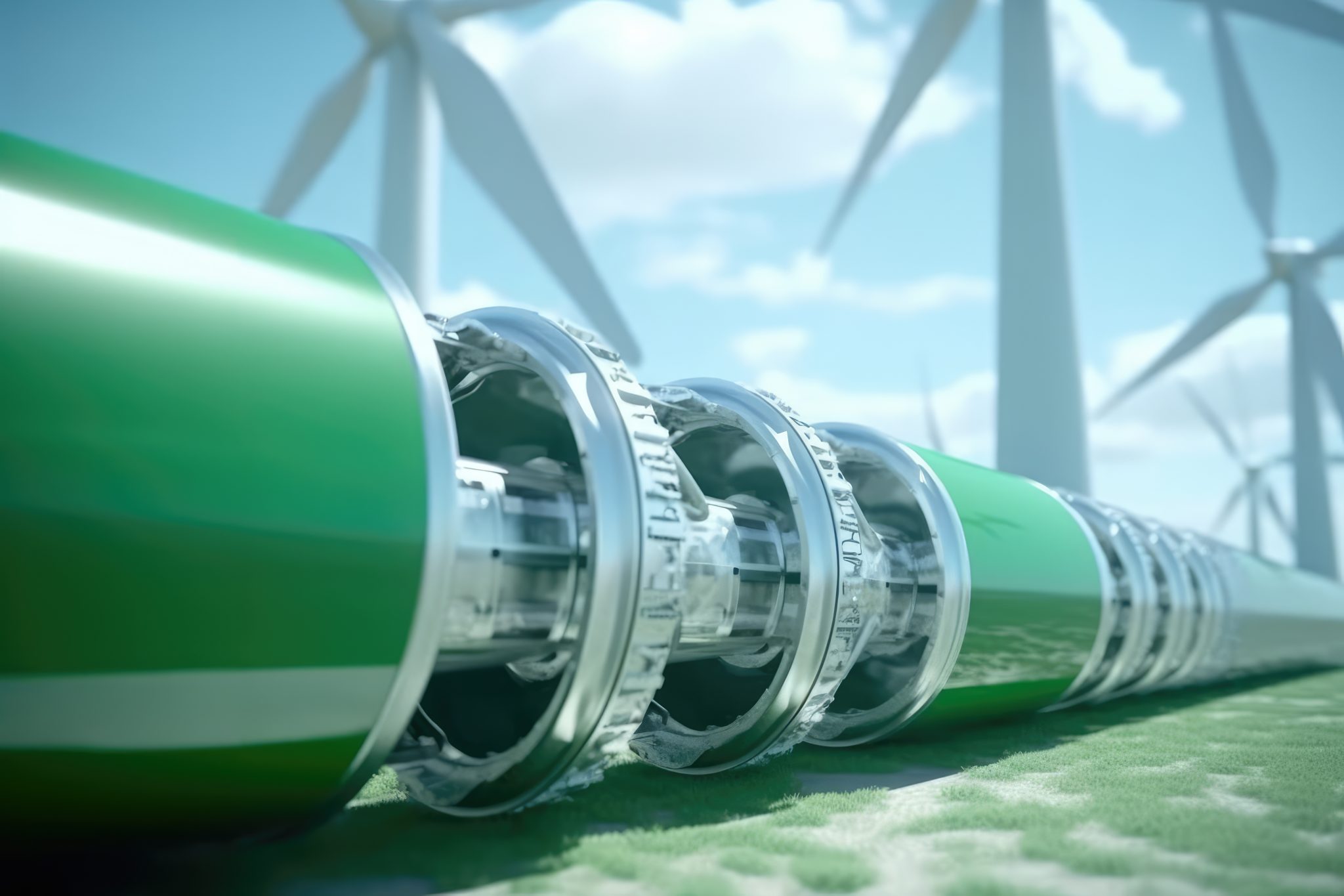 The concept of green hydrogen production with a close - up shot of a hydrogen pipeline in the foreground and wind turbines in the background. Generative AI