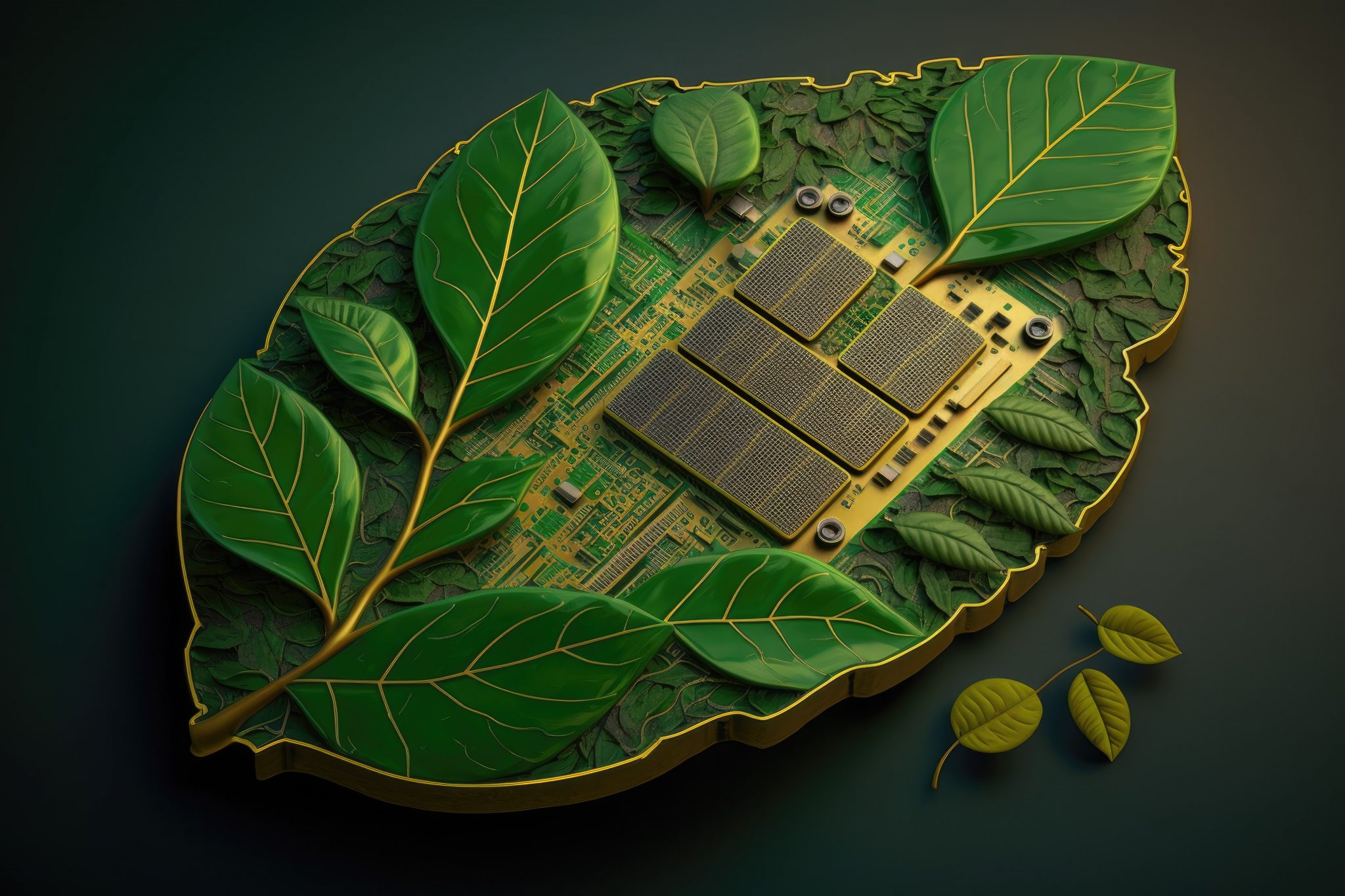 Reduced Carbon Footprint, Environmental, Social, and Governance Ideas. Electronic circuit board with a green leaf inside. Growth. Cooperating for Sustainable Development in the Natural, Economic, and