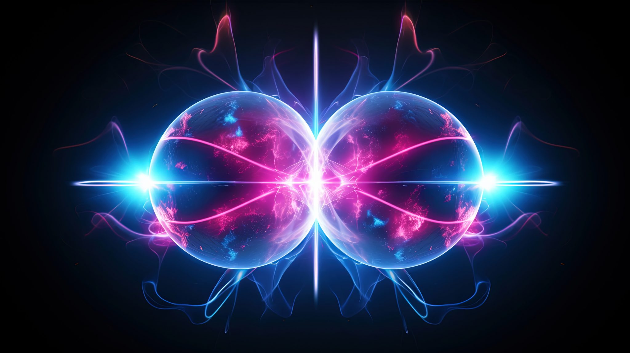 Subatomic proton particle collision. Nuclear fusion concept. Generative AI.