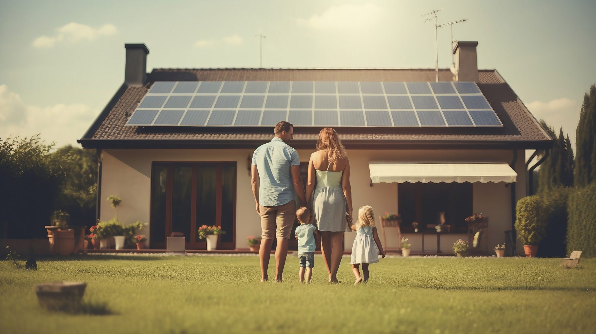 Happy mix race family in front of their smart house with solar panels, ai generated