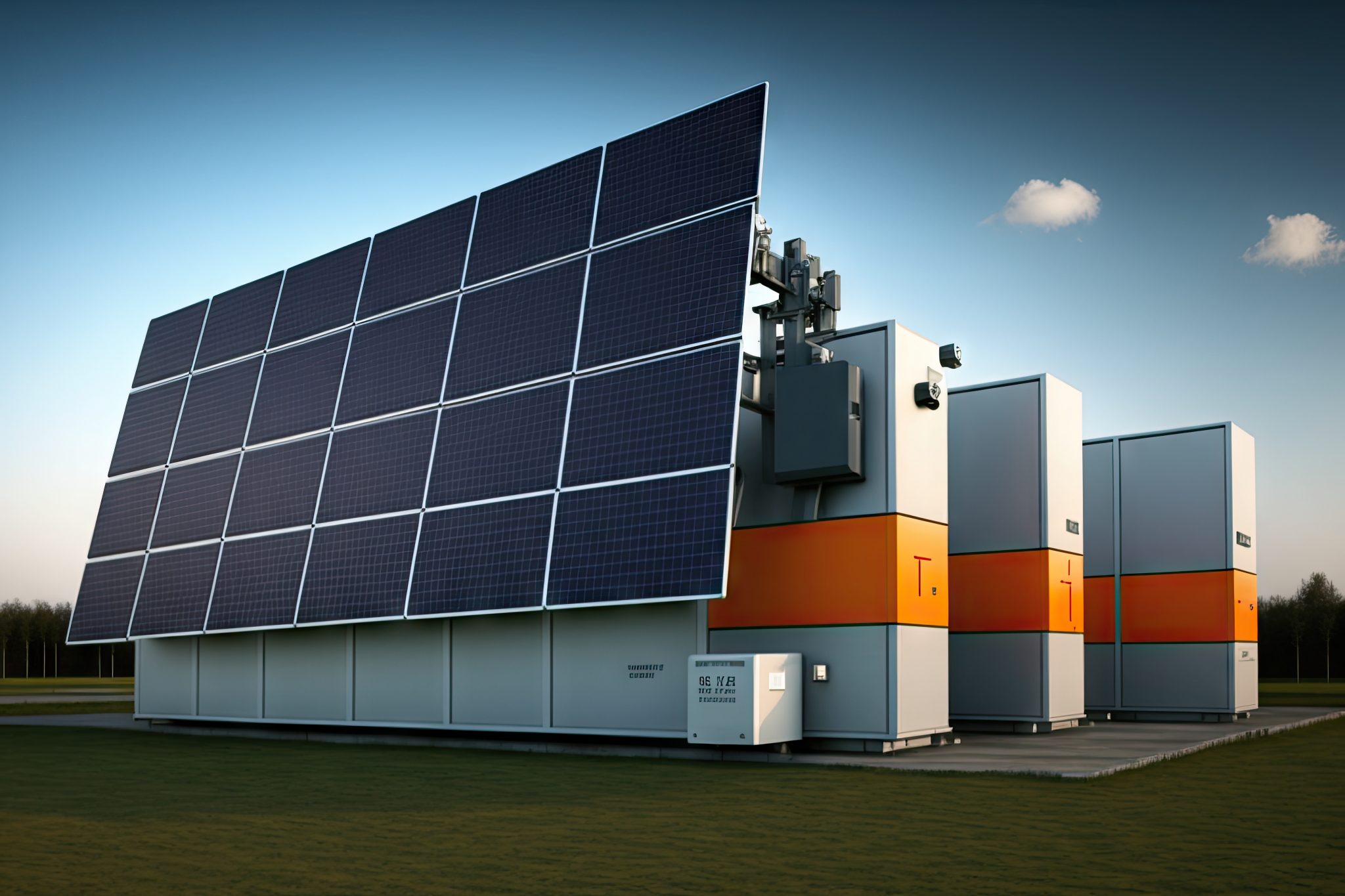 large installation for energy production with solar panels industrial modern 4.0, created with generative ai