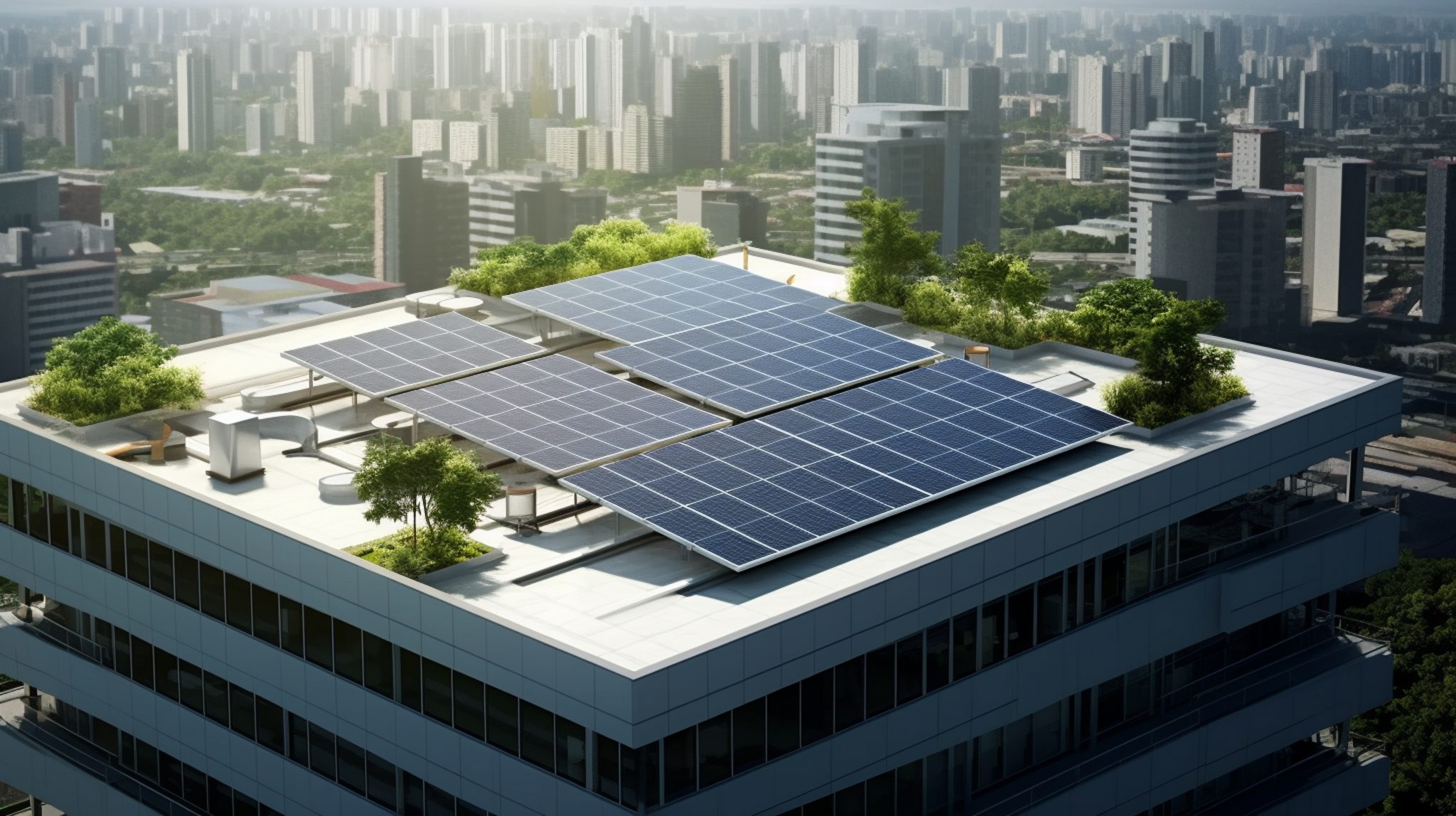 solar panel installation on the roof of an office building with a view of the city. Generative AI