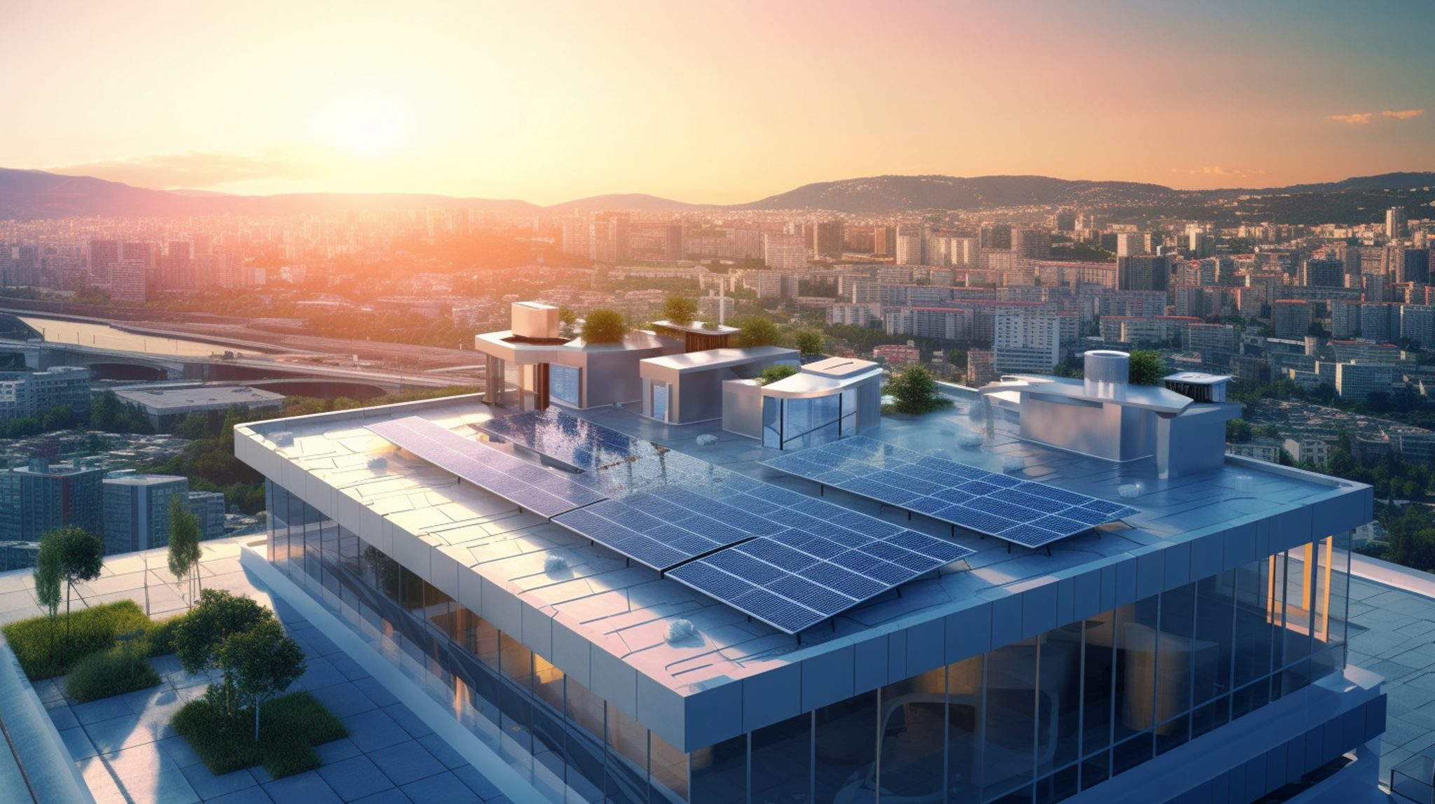 solar panel installation on the roof of an office building with a view of the city. Generative AI